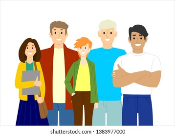 A group of young people. International team. Young professionals. Students. Boys and girls are standing nearby and smiling. Modern flat vector illustration isolated on white background.