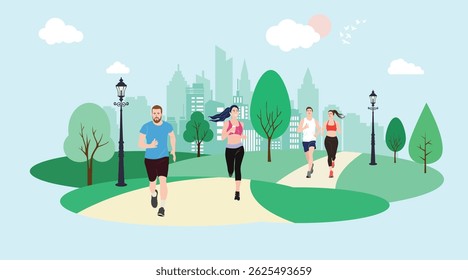 Group of young people jogging in a park with city skyline in the background, healthy lifestyle concept.