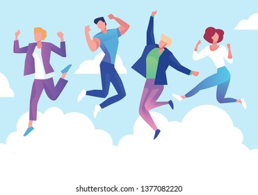 Group of young people jumping on white background with copy space. Stylish modern vector illustration with happy male and female teenagers Party, sport, dance and friendship team concept