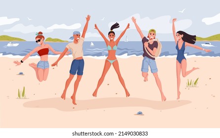 Group of young people jumping on beach, people on summer sea vacations, flat vector. Happy friends at ocean beach on sand jumping with hands up, happy man and woman at seaside or lake beach