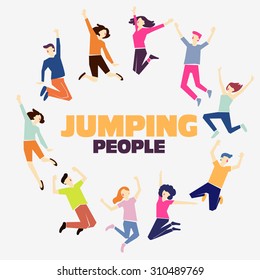 Group of young people jumping on white background with copy space.  Stylish modern vector illustration with happy male and female teenagers  Party, sport, dance and friendship team concept.