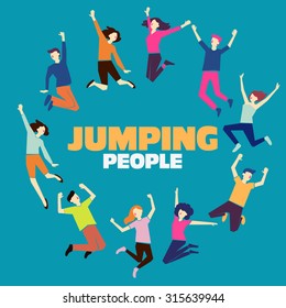 Group of young people jumping on blue background with copy space. Stylish modern vector illustration with happy male and female teenagers. Party, sport, dance and friendship team concept.