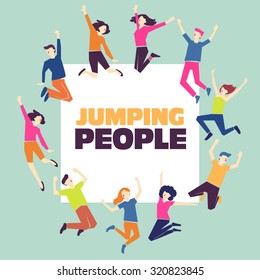Group of young people jumping on pastel green background with white copy space. Stylish modern vector illustration with happy male and female teenagers. Party, sport, dance and friendship team concept