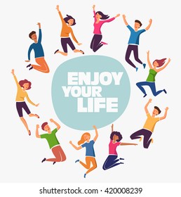 Group of young people jumping on white background with copy space. Stylish modern vector illustration with happy male and female teenagers Party, sport, dance and friendship team concept