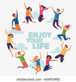 Group of young people jumping on white background with copy space. Stylish modern vector illustration with happy male and female teenagers Party, sport, dance and friendship team concept