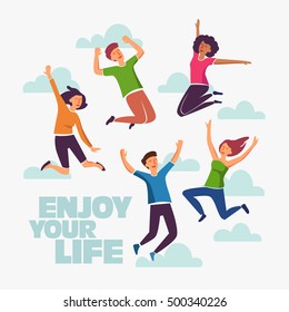 Group of young people jumping on white background with copy space. Stylish modern vector illustration with happy male and female teenagers Party, sport, dance and friendship team concept