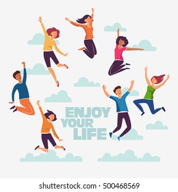 Group of young people jumping on white background with copy space. Stylish modern vector illustration with happy male and female teenagers Party, sport, dance and friendship team concept