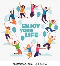 Group of young people jumping on white background with copy space. Stylish modern vector illustration with happy male and female teenagers Party, sport, dance and friendship team concept