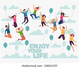 Group of young people jumping on white background with copy space. Stylish modern vector illustration with happy male and female teenagers Party, sport, dance and friendship team concept