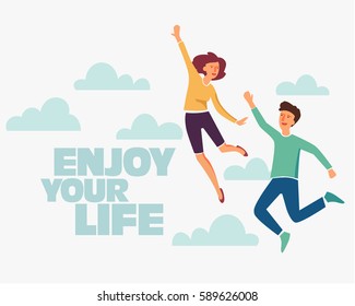 Group of young people jumping on white background with copy space. Stylish modern vector illustration with happy male and female teenagers Party, sport, dance and friendship team concept