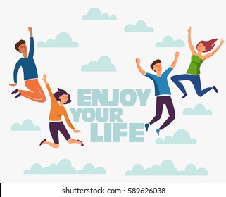 Group of young people jumping on white background with copy space. Stylish modern vector illustration with happy male and female teenagers Party, sport, dance and friendship team concept