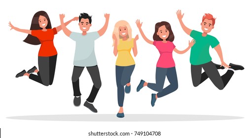 Group of young people jumping on white background. The concept of friendship, healthy lifestyle, success. Vector illustration in flat style.