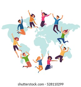 Group of young people jumping over world map with white background. Stylish modern vector illustration with happy male and female teenagers Party, sport, dance and friendship team concept