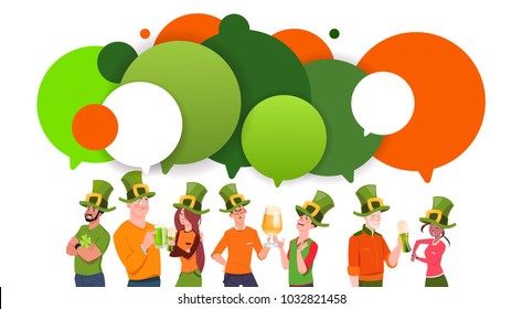 Group Of Young People In Leprechaun Hats Over Chat Bubbles Background Celebrate Saint Patrick Day Flat Vector Illustration