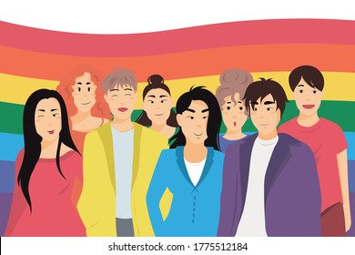 Group of young people with LGBT pride flag behind them. Cheerful multiracial homosexual men and women. Group of homosexual people with LGBT flag. Equality and gay rights vector illustration concept.