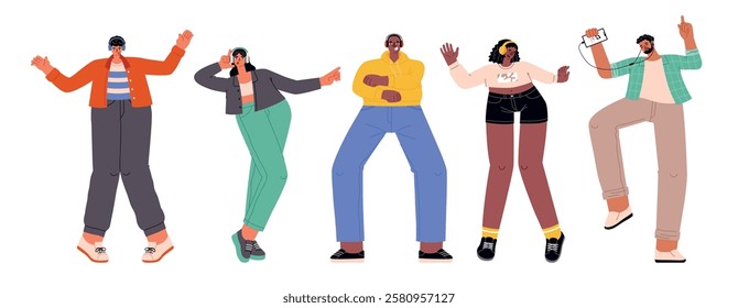Group of young people listen music and dance. Funny guys and girls wearing headphones, cartoon melomaniacs characters, vector illustration