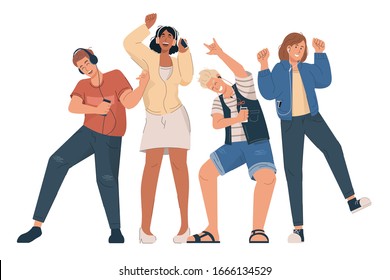 Group of young people listening to music and dancing. Boys and girls wearing headphones and earphones with smartphone and audio player