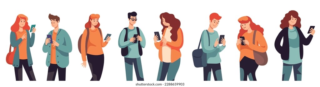 Gruppe junger Menschen, die ihre Smartphones anschauen. Set von weiblichen und männlichen Zeichen mit Phones.   Moderne Flach Cartoon Vektorgrafik. Einzeln auf weißem Hintergrund