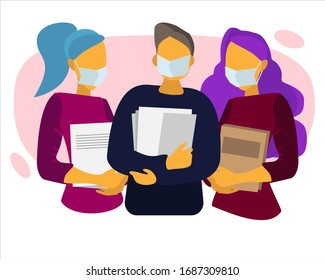 group of young people in masks on a pink background vector