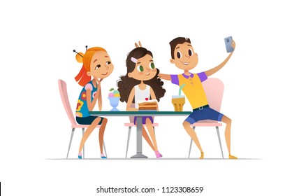 Group of young people meeting at the cafe a and taking selfie. Teenagers friends at the restaurant taking photo on phone. Smiling students having coffee-break and taking self-portrait.