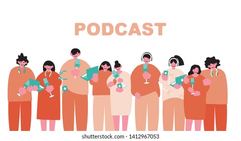 A group of young people - men and women with headphones, microphones and laptops are recording and listening to podcasts. Flat Vector Illustration