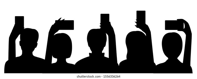 Group young people men and women holding smartphone, black silhouette. People taking photo, video. Record of an interesting, bright, shocking, memorable event, incident. Vector illustration