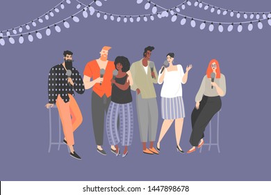 A group of young people with microphones singing a song at a karaoke party. Set of vector illustrations for use in a banner or poster.