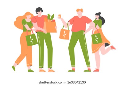 Group of young people, millenials are shopping in a store without plastic. Eco-friendly packaging and bags. Zero waste life in eco style. Vector flat illustration.