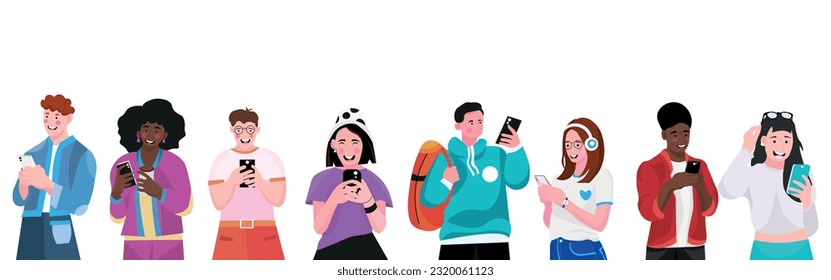 Group of young people with mobile phones on white background