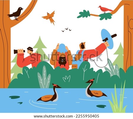 Group of young people observing exotic birds in the forest, flat vector illustration. Ornithologists birdwatching and listening for birds sounds.