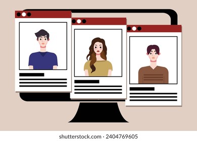 Group of young people on computer screen. Vector illustration in flat style.