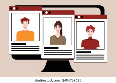 Group of young people on computer screen. Vector illustration in flat style.