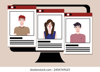 Group of young people on computer screen. Vector illustration in flat style.