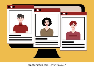 Group of young people on computer screen. Vector illustration in flat style.