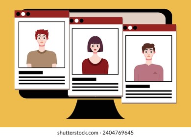Group of young people on computer screen. Vector illustration in flat style.