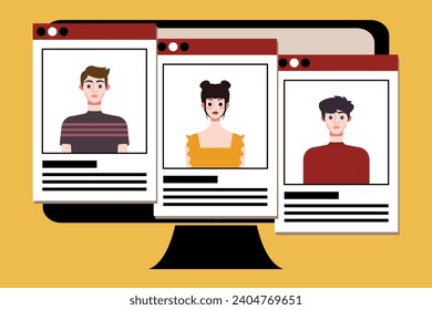 Group of young people on computer screen. Vector illustration in flat style.