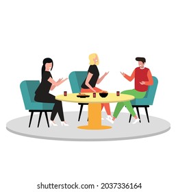 Group of Young People Party Sitting at Table. Drinking and Eating Pizza, Friends Company Leisure Weekend Spare Time, Celebration. Cartoon Flat Vector Illustration