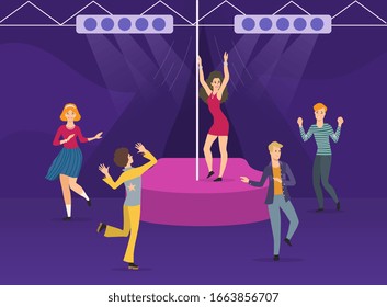 Group of young people partying dancing at a disco or sport dance with one young woman on stage, colored vector illustration
