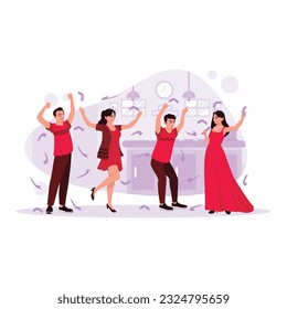 Group of young people partying in the home kitchen, feeling happy, throwing confetti, and singing. Trend Modern vector flat illustration.