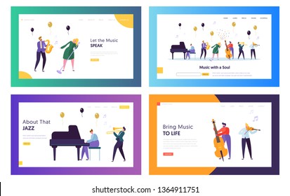 Group of Young People Performing Concert on Stage with Musical Instruments. Artists Playing and Singing to Microphone. Landing Page Templates Set, Show in Music Hall. Cartoon Flat Vector Illustration