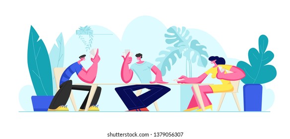 Group of Young People Playing Cards Together on Summer Holiday or Weekend Outdoors Sitting Around Table. Joyful Sparetime in Friends Company, Leisure, Recreation Fun. Cartoon Flat Vector Illustration
