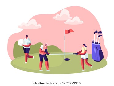 Group of Young People Playing Golf on Course with Green Grass, Flagstick, Hole and Professional Equipment, Sport Game, Tournament, Summer Spare Time, Luxury Recreation Cartoon Flat Vector Illustration