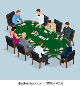 Group of young people playing poker in the casino, gambling. Isometric vector  illustration. 