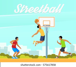 Group of young people playing street basketball in summer on background of city landscape vector illustration