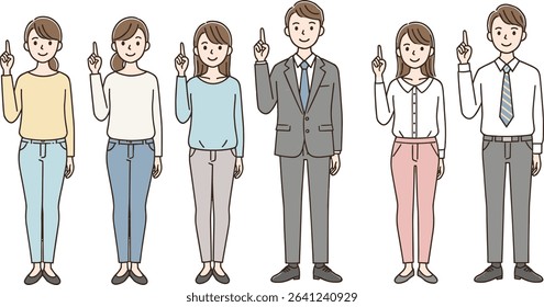 Group of young people pointing upward with index fingers, casual and formal clothing, business teamwork concept, flat illustration, isolated on white background