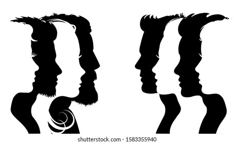 Group young people. Profile silhouette faces to faces boys and girls set. Abstract people and crowd, meeting or party. Concept of dialogue between people – stock vector