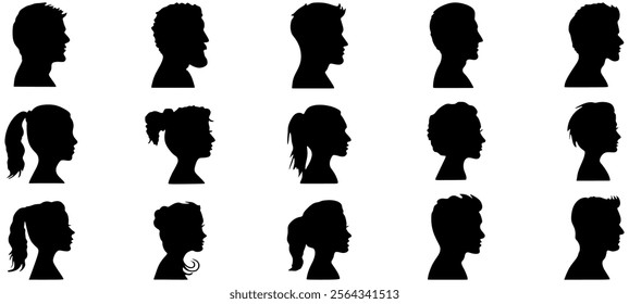 Group young people. Profile silhouette faces boys and girls set, man and woman