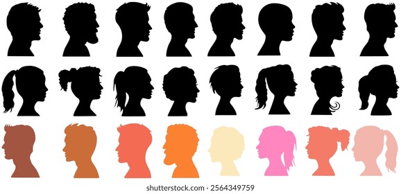 Group young people. Profile silhouette faces boys and girls set, man and woman
