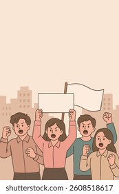 "Group of young people protesting with signs and fists raised. Flat vector tribute to freedom and political resistance."
