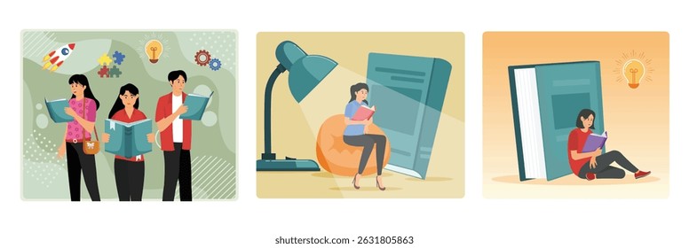 Grupo de Jovens lendo livros em meio a símbolos de fundo criativos. Uma mulher sentada em um saco de feijão, lendo um livro sob uma lâmpada grande. Mulher lendo próximo a um grande livro, simbolizando a educação.